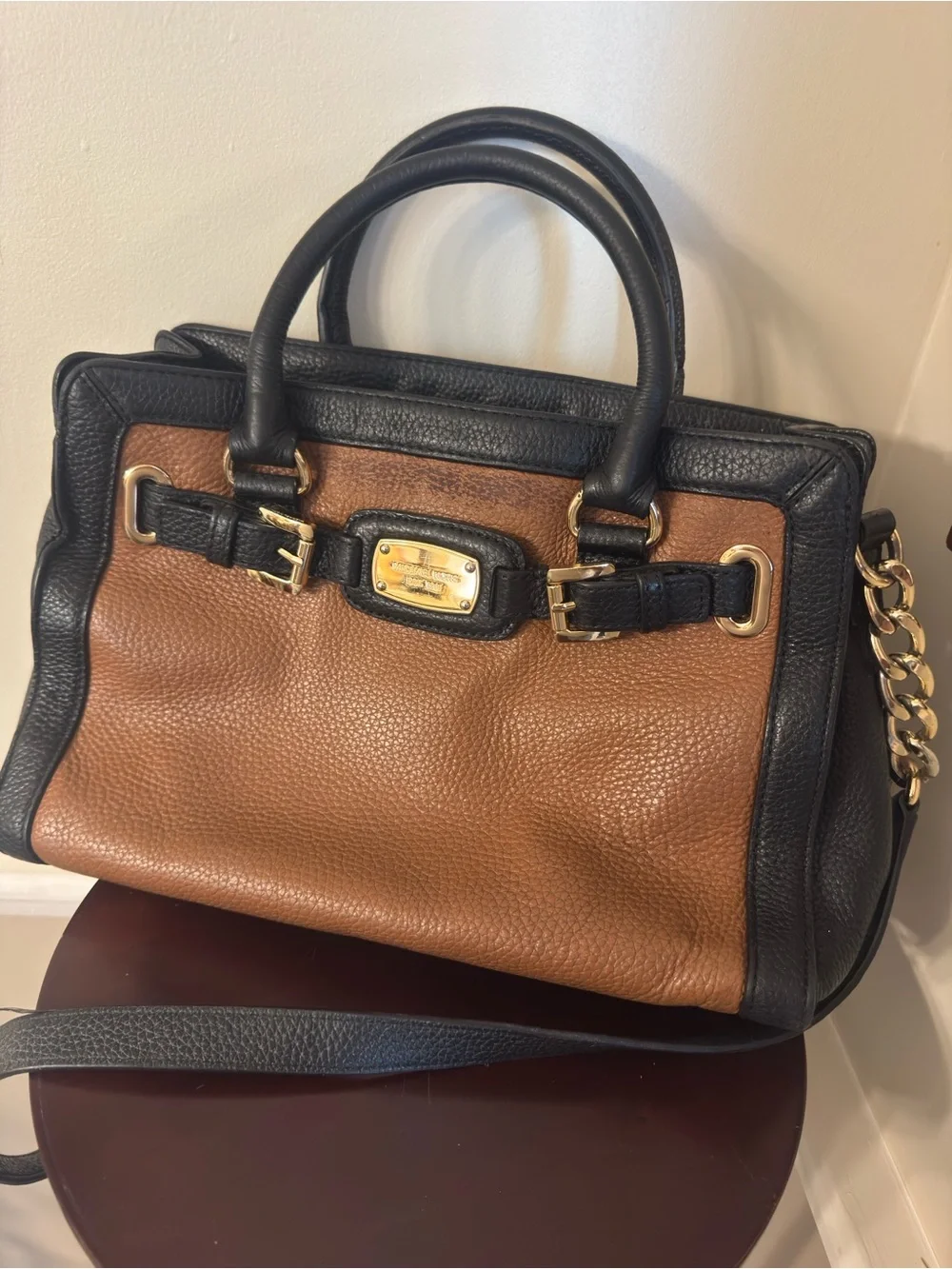 Vintage Michael Kors Black & Brown Pebbled Leather Messenger Satchel